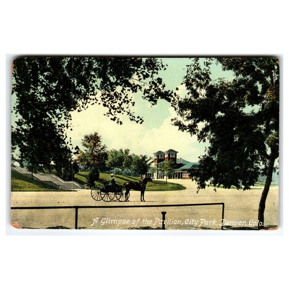Vintage Denver City Park Pavilion Postcard, Horse Drawn Carriage, Colorado